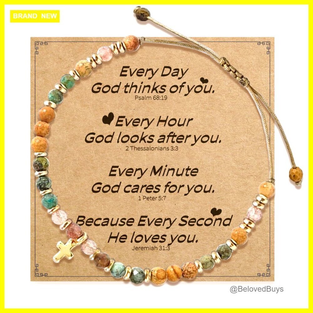 Adjustable Natural Stone Cross Charm Bracelet, Inspirational Gift for Women